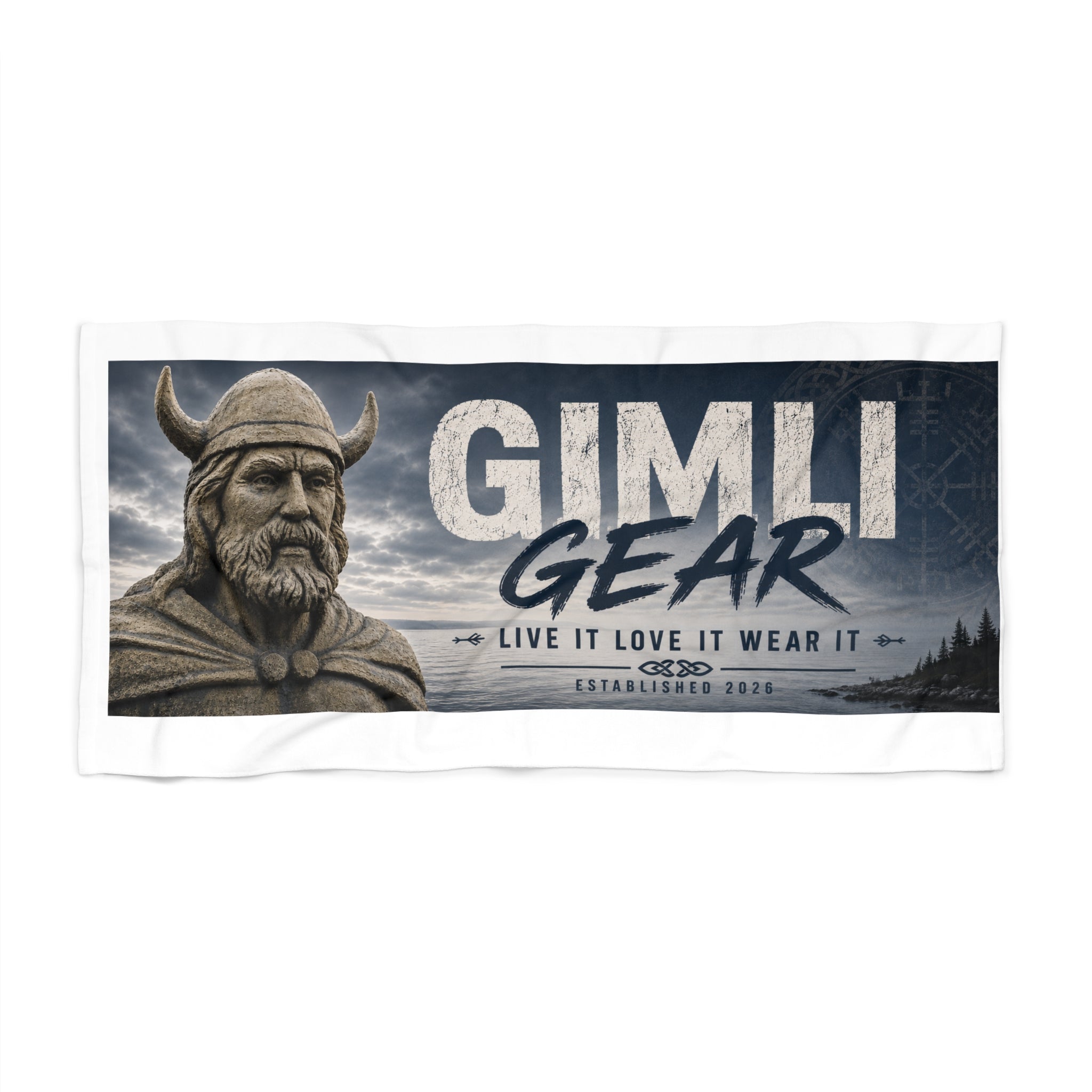 Gimli Gear Beach Towel — Viking Statue Graphic 'GIMLI GEAR' Design